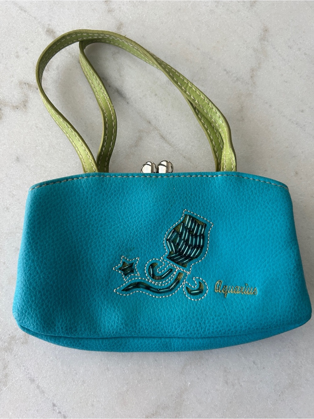Vintage Aquarius Teal Wristlet Clutch with Lime Handles